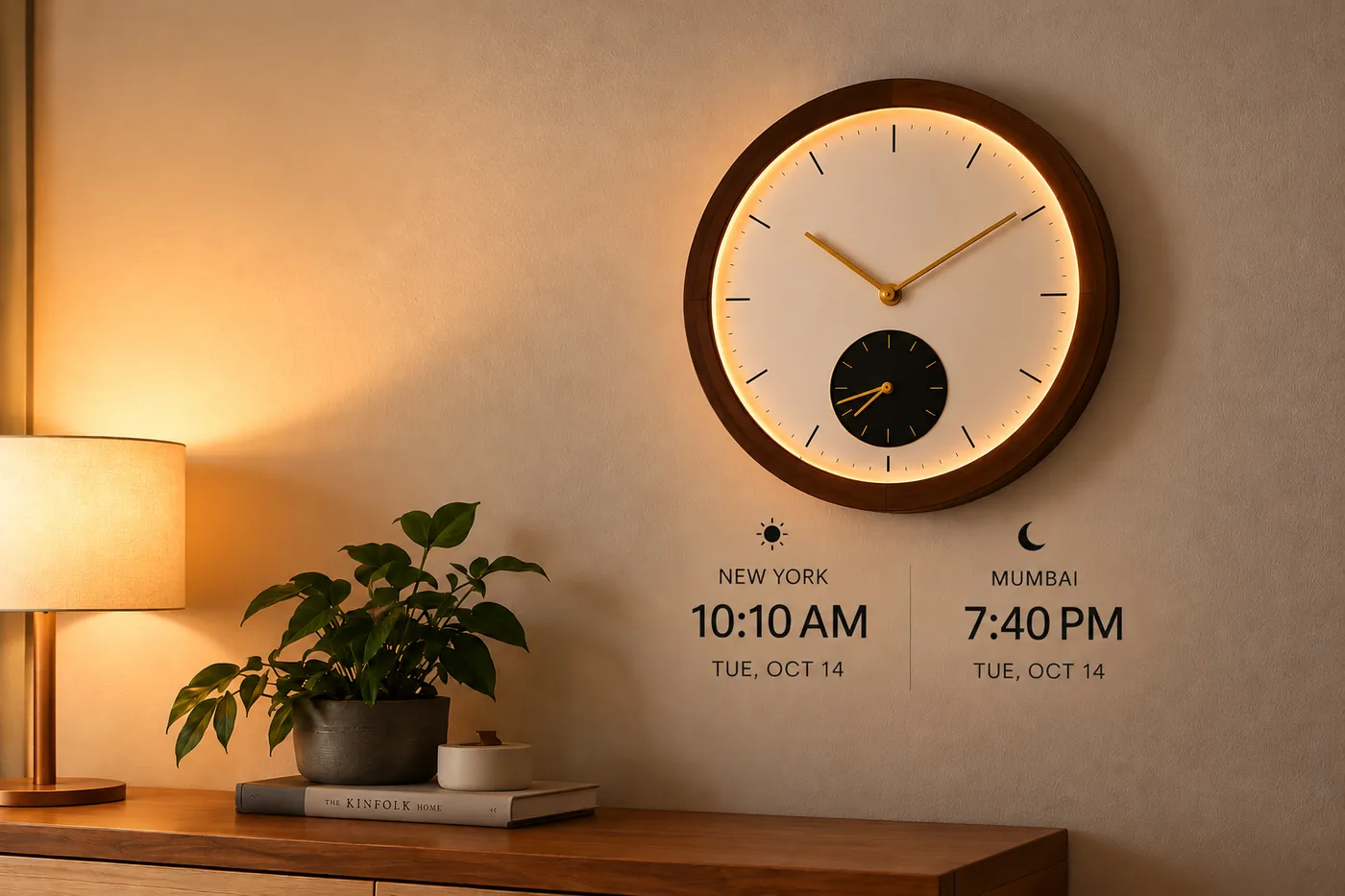 The Kindred clock lit on a wall above a console, showing New York and Mumbai times side by side