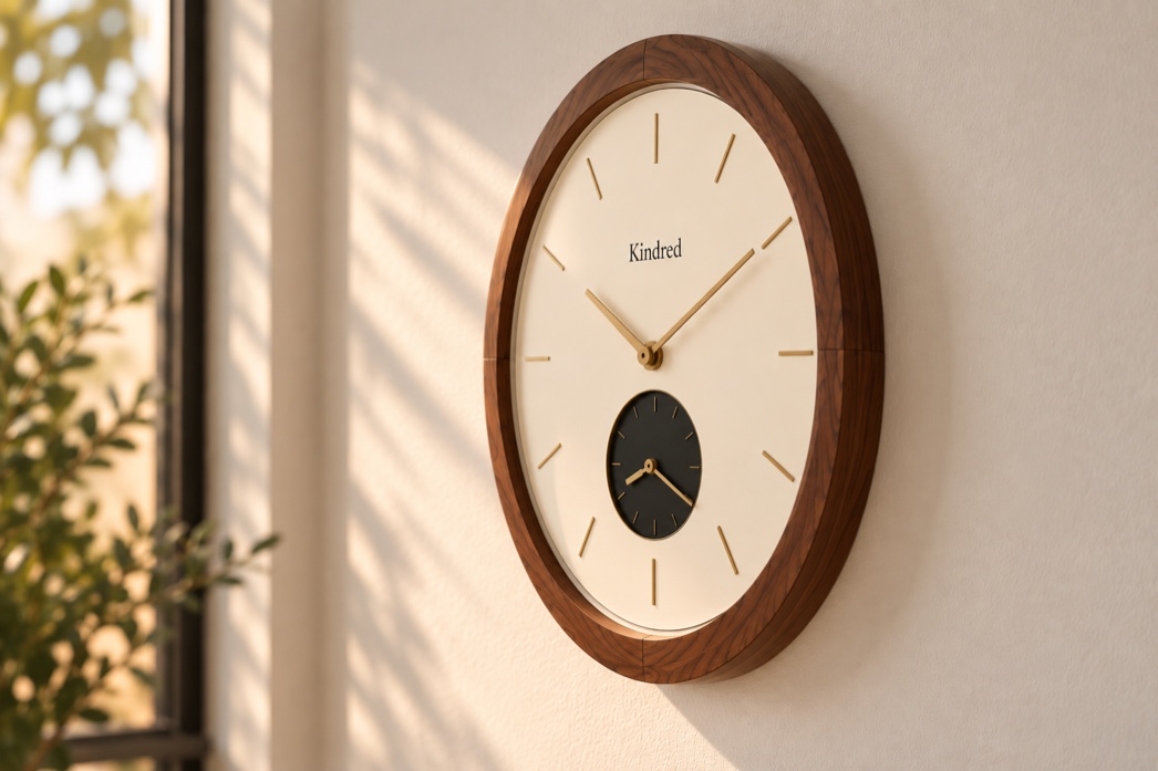 The Kindred clock on a wall beside a window, seen at an angle in afternoon light