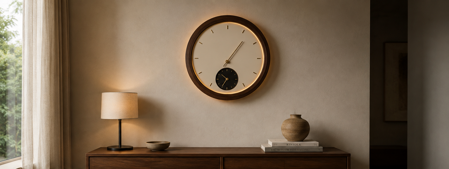 Walnut wall clock with a glowing ring, above a sideboard with a lamp, bowl, books and a ceramic vase