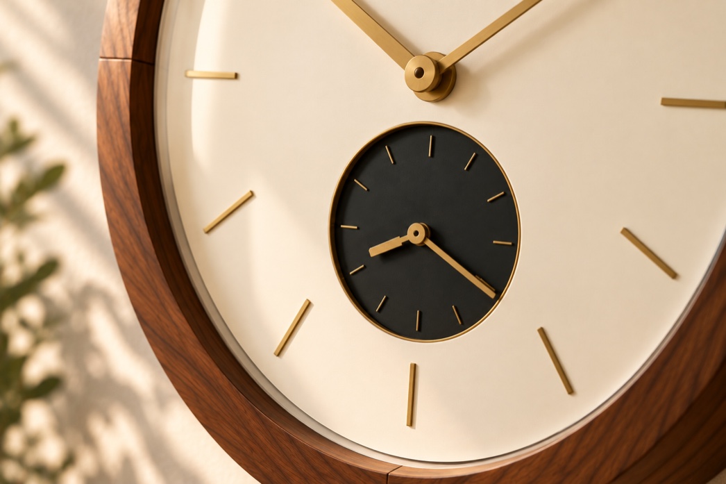 The brass-rimmed second time-zone sub-dial set into the cream face, below the main hands