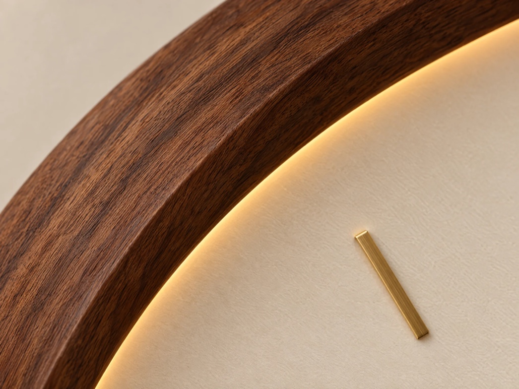 The warm light ring glowing along the inner edge of the walnut bezel