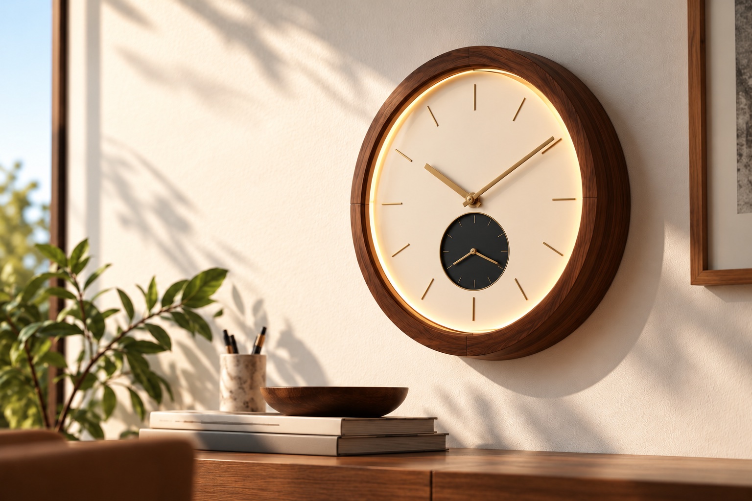 The Kindred clock on a wall in afternoon light, its main dial above a smaller second dial