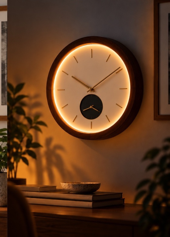 The same clock in the evening with its ring softly glowing