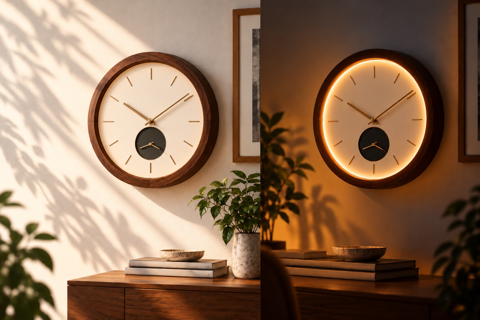 The same clock twice: its ring unlit in daylight on the left, and softly glowing in the evening on the right